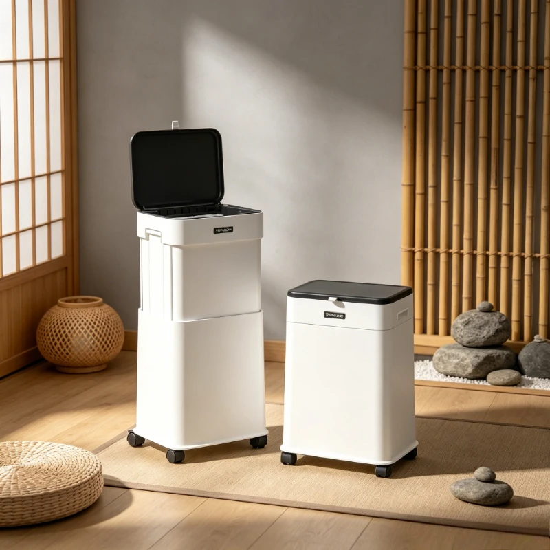 Press Top Kitchen Trash Can, Wheeled High Leg Rubbish Bin with Slide Lid, Large Capacity Rolling Waste Container for Home