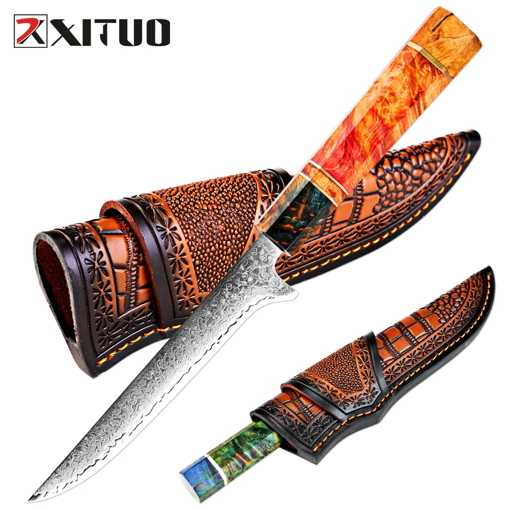

6 Inch Boning Knife Damascus Steel Fillet Knife for Brisket Meat Cutting Trimming Knife Sharp Deboning Knife with Leather Sheath