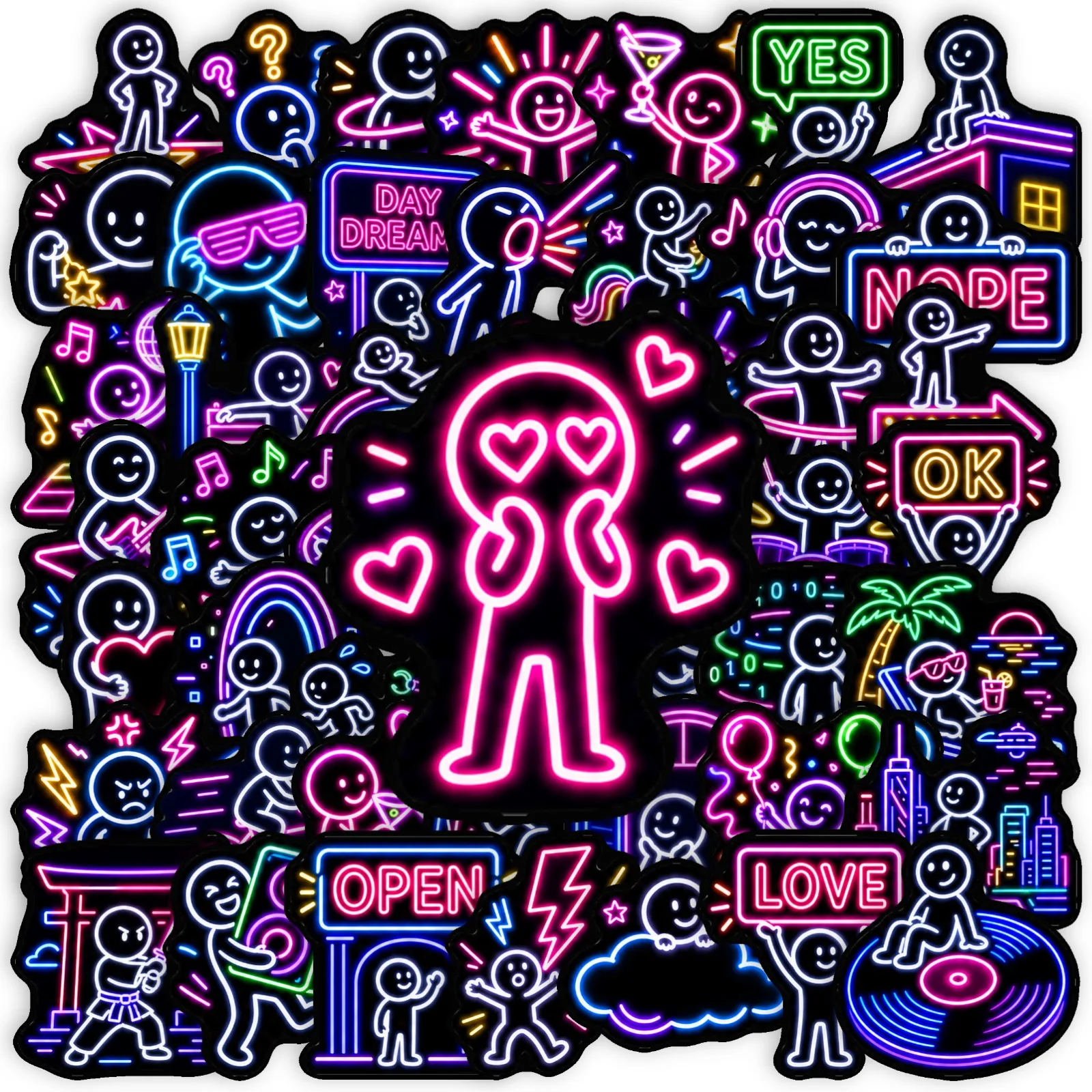10/30/50Pcs Neon Character Fun Stickers Creative Waterproof Decals For Notebook Skateboard Water‑cup DIY Decor