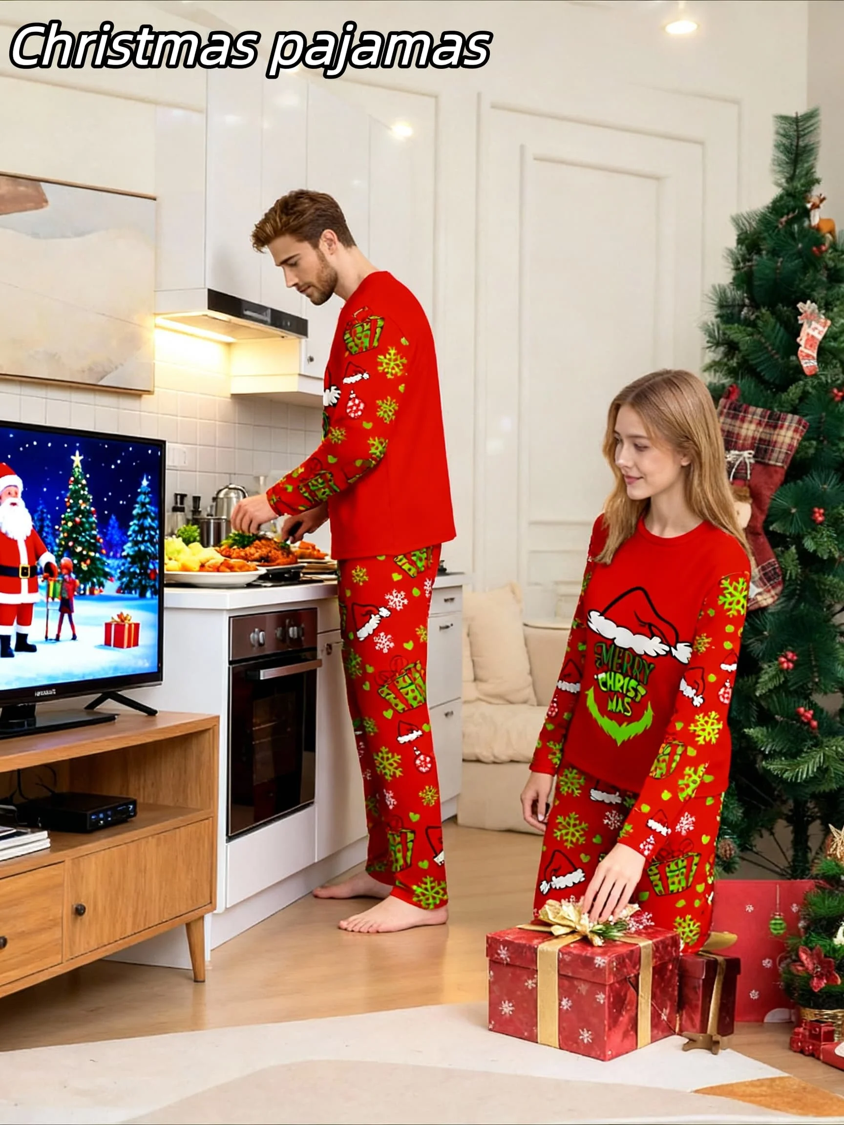2-Piece Christmas Family Matching Outfits, Christmas Loungewear Set, Children's Holiday Style, Pajamas Loungewear, New Year Christmas Hat Red, Long-Sleeve Long-Pants Pajama Set, Men's or Women's
