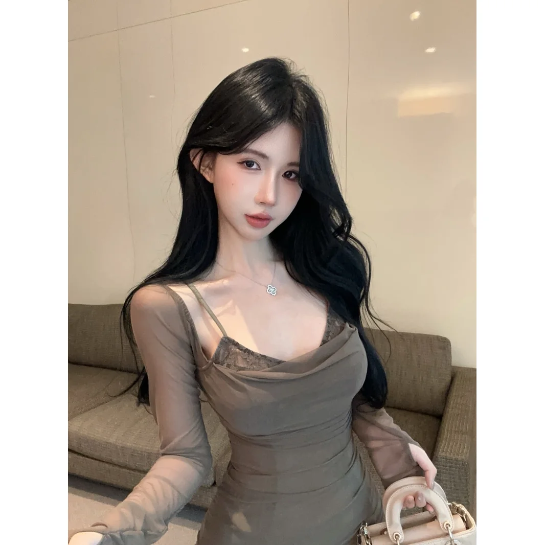 Francês chique malha dupla camada falso de duas peças suspender vestido de manga comprida cintura abraçando saia de ajuste fino para mulher