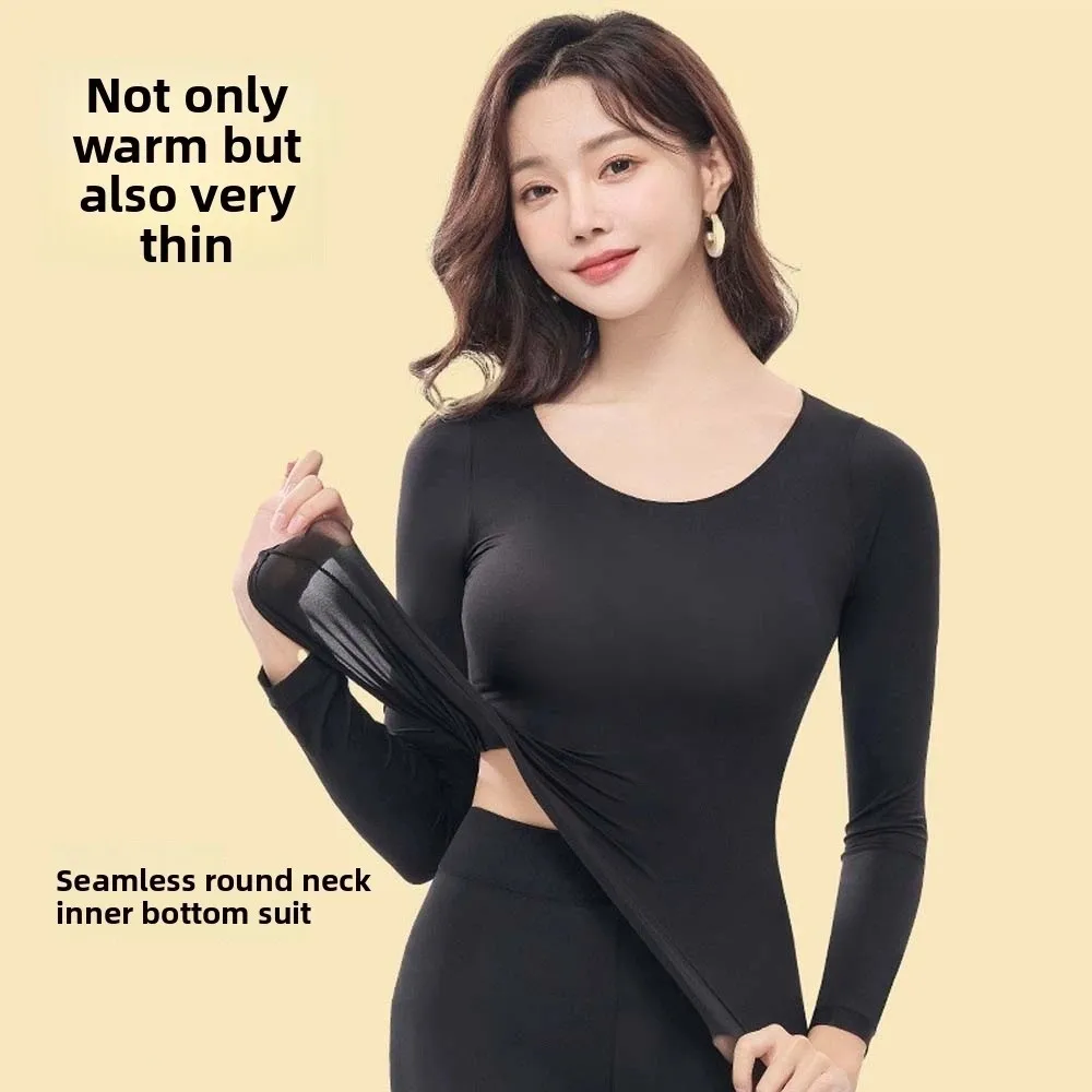 

Ultra Thin Women Thermal Clothes Round Neck Tops and Pants Set Thermal Underwear Invisible Feel Heating Warmth Long Pants