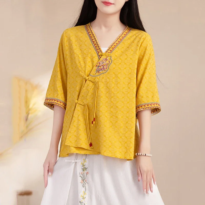 Women's New Chinese Style Embroidered Cotton Linen Blouse V-neck Frog Button Ethnic Retro Summer Shirt