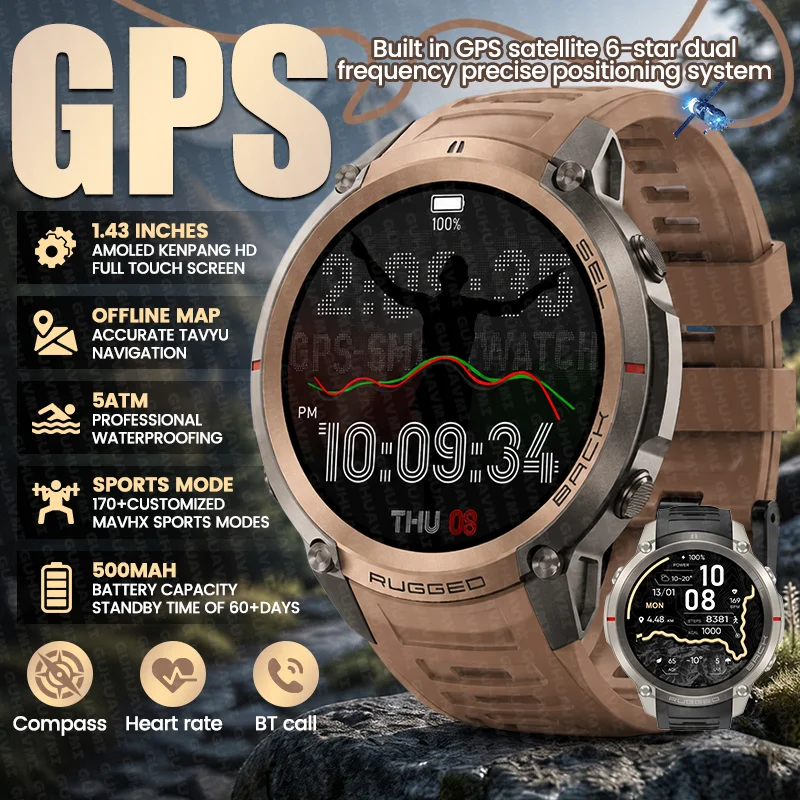 Neue Outdoor Original Smartwatch mit integriertem GPS, Kartenfunktion, Kompass, 5ATM wasserdicht, HD Bluetooth-Anruf, Sportfunktionen, 500mAh Akku für Herren