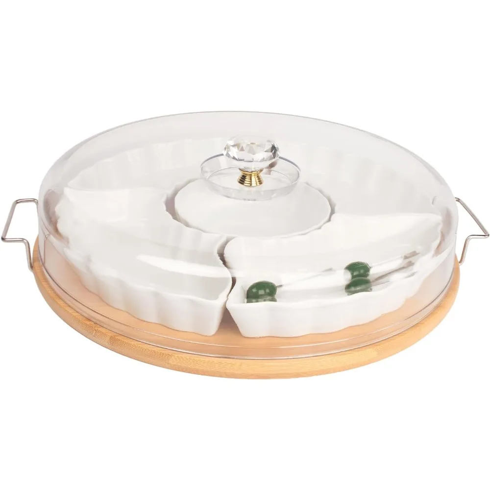 Divided Snack Tray with Lid, 5 Removable Snack Deli Containers with 4 Forks for Party Serving Plate, Fruit Tray with Dips, Snack