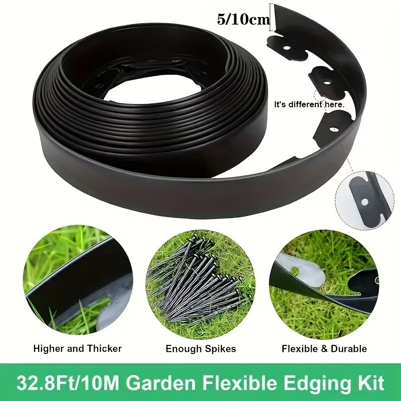 

Садовый газон, трава, каменный барьер, L-образный разделитель с черными краями для ландшафтного дизайна и границы зелени, разделение газона на открытом воздухе и сада