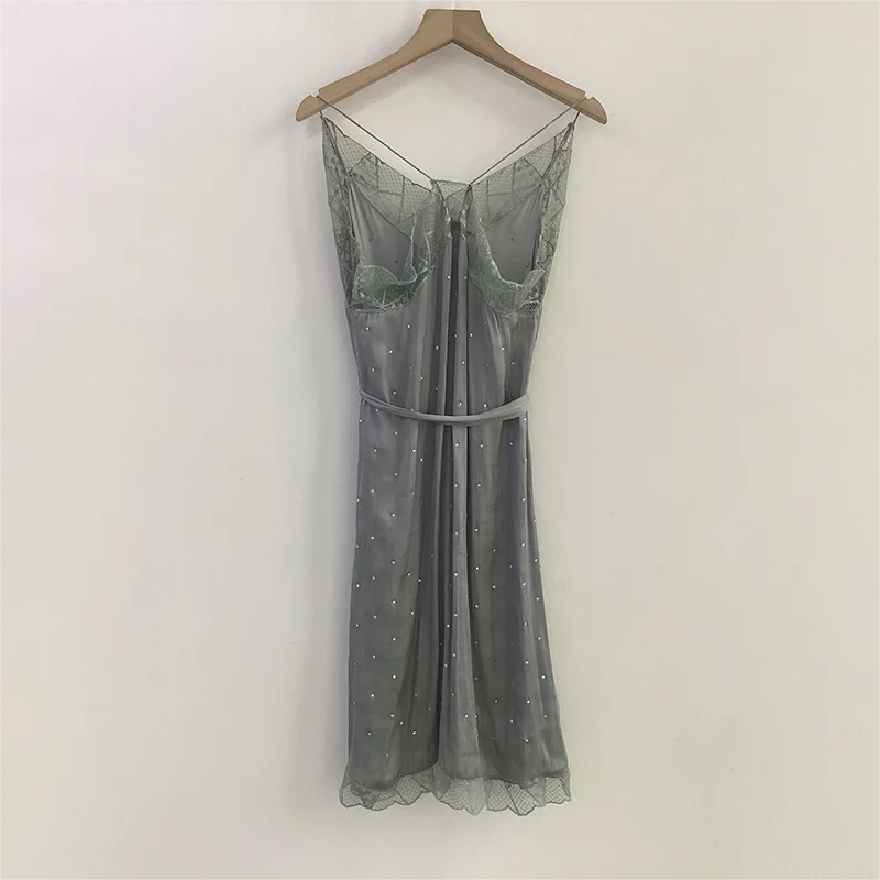 Zadig Grey Dresses Women New Rhinestone Design Halter Long Robe Female Spaghetti Strap Robe Sexy Sleeveless V-Neck Long Dress