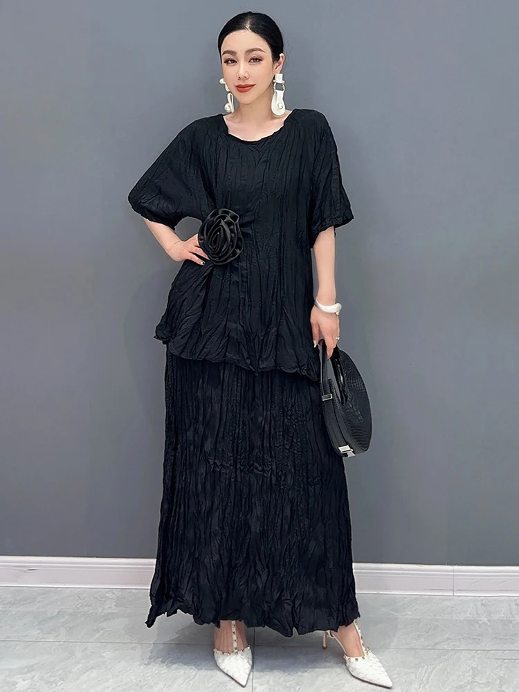 XITAO Round Neck Two-piece Set Half Sleeved Solid Color Loose All Match New Elegant Casual A-line Skirt Fashion Set LYD1836