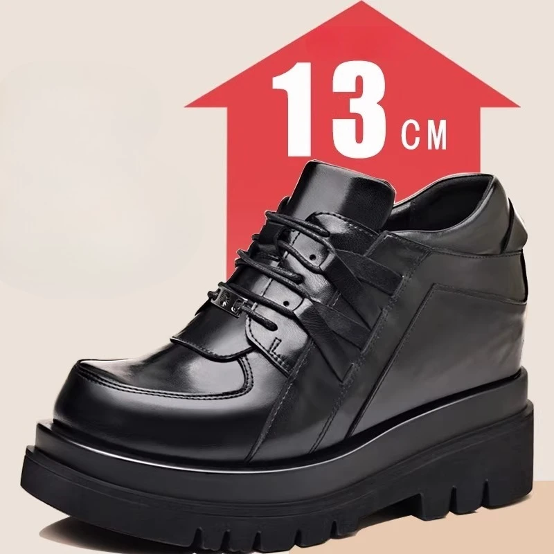 Extra High 13cm Height-increasing Shoes for Men's Denim Casual Leather Shoes British Business Thick Sole Increase Elevator Shoes