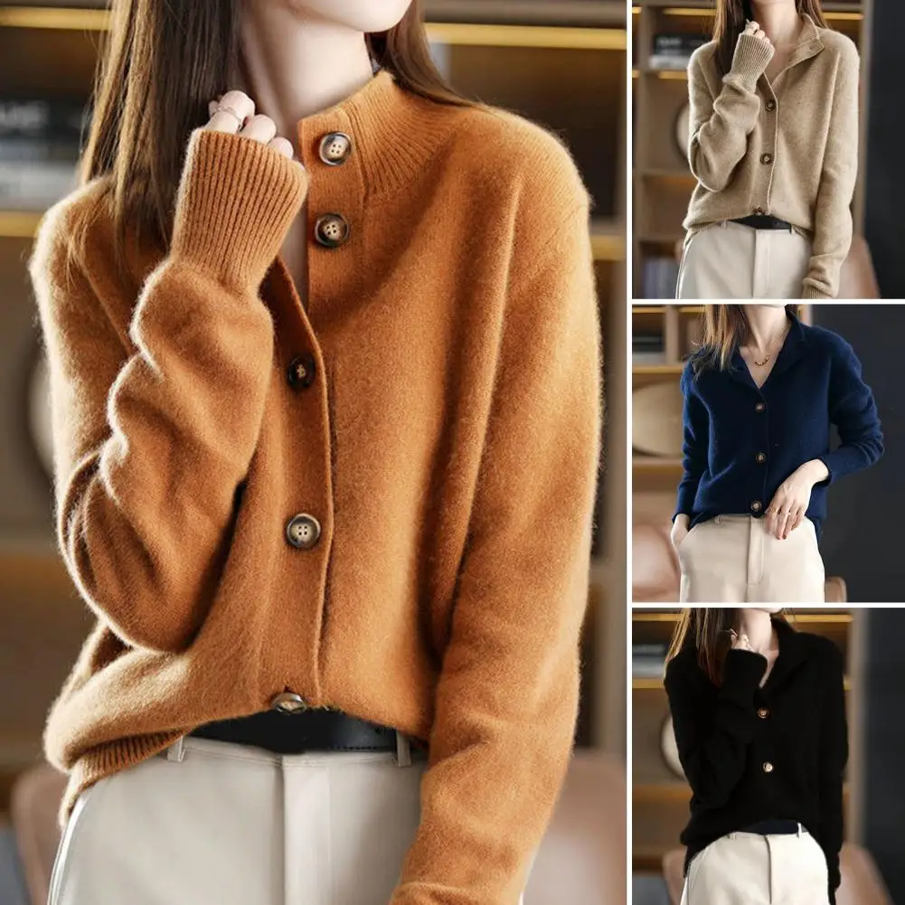 Solid Color Women Jacket Women Loose Coat Stylish Women's Knitwear Cardigan Jacket with Stand Collar Long Sleeves Cozy