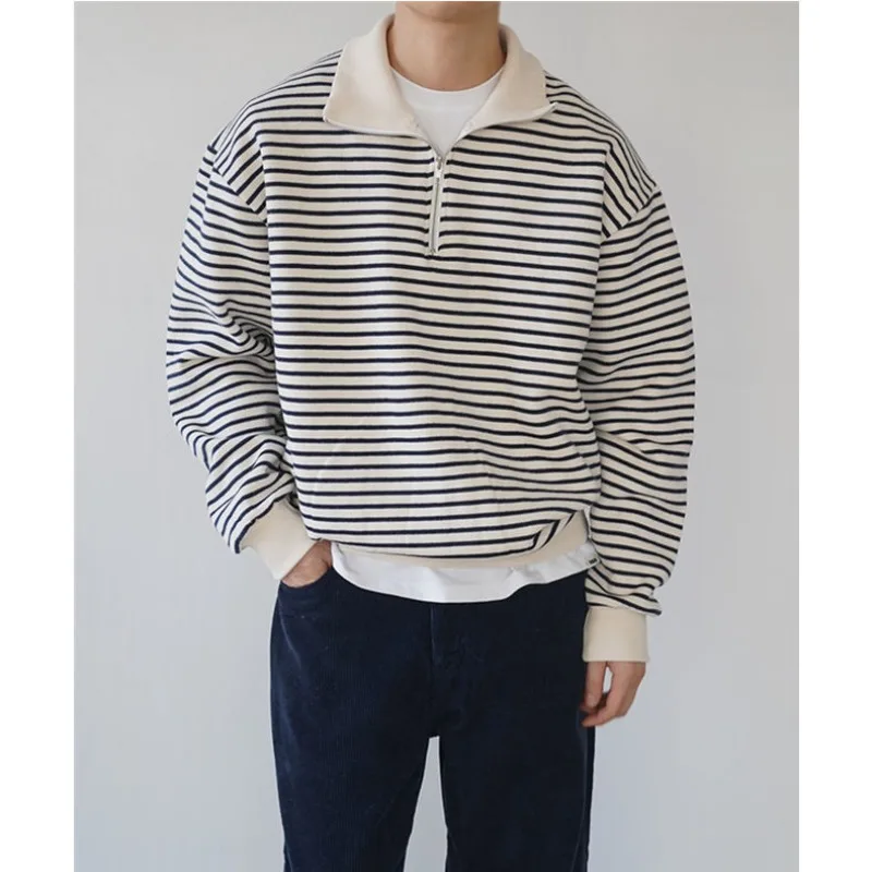 

Half Zipper Lapel Striped Sweatshirt Men Pullover Autumn New Korean Version Contrast Color Loose Casual Long Sleeve Sweatshirts