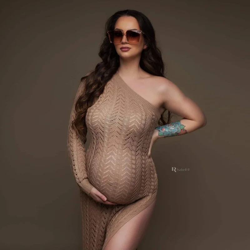 Sexy Oblique Shoulder Maternity Photography Dress High Slit Knitted Dress Long Skirt Photo Shoot Photography Dress For Women