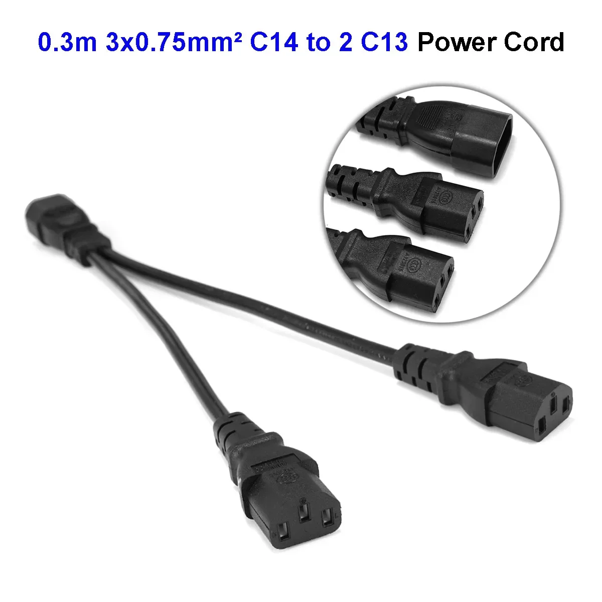 1 To 2 Way Power Splitter Wire C13 C14 AC Power Cable UPS Power Extension Cord 0.3M for PC Computer PDU Monitor DJ Stage Lights