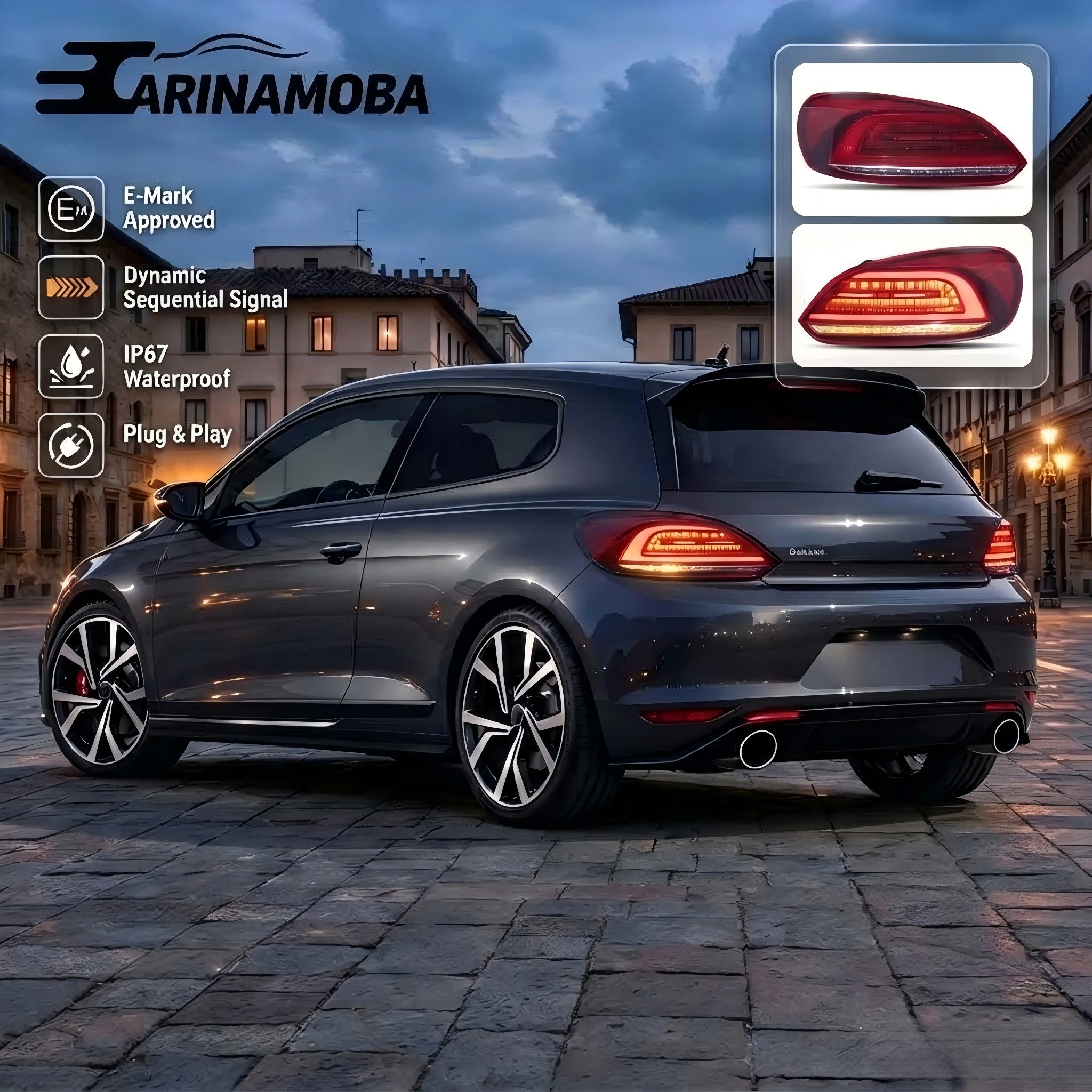 CARINAMOBA [E-Mark-Zulassung] Voll-LED-Rückleuchten mit getönten Glas für VW Scirocco MK3 Coupé 2009-2014 Dynamisches Sequenzielles Blinklicht Rückleuchte 2 Stück