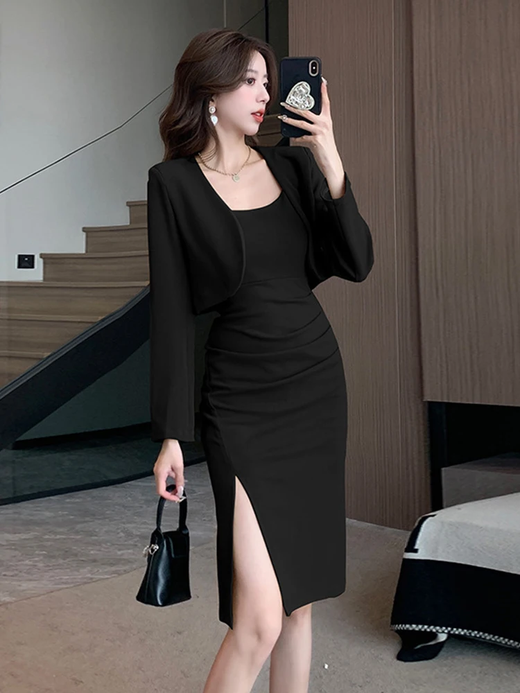 New Spring Autumn 2 Pieces Outfit Suits Women Ladies Clothes Elegant Short Jacket Coat Blazer And Strap Slim Midi Robe Dress Set