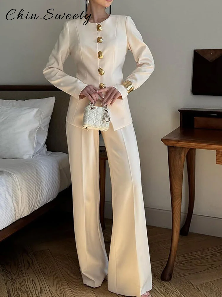 Elegant Women's Solid Pants Sets O-neck Full Sleeve Single Breasted Blazer Straight Wide Leg Pant 2025 Autumn Lady Chic Suit New