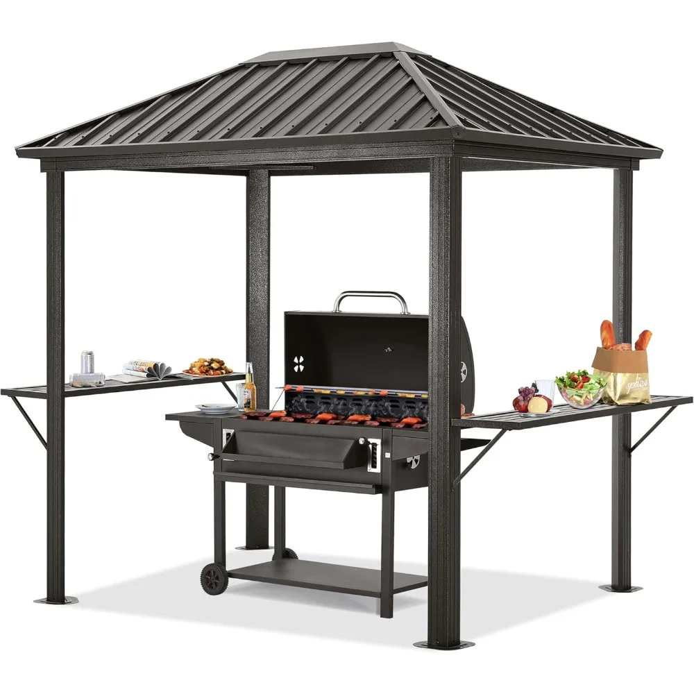 Grill Hardtop Gazebo 6x8 - Metal Hard Top Gazebo, Permanent Galvanized Steel BBQ Gazebo Aluminum Framed Pavilion with Shelves