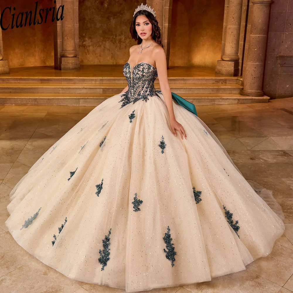 Champagne Crystal Beading Ball Gown Quinceanera Dress 3D Flowers Appliques Lace Corset Mexico Vestidos De 15 Años