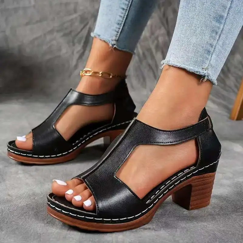 

2025 Women's Open Toe Chunky Heel Sandals Summer Fashion New Comfortable Casual Roman Style High Heel Sandals Sandalias De Mujer