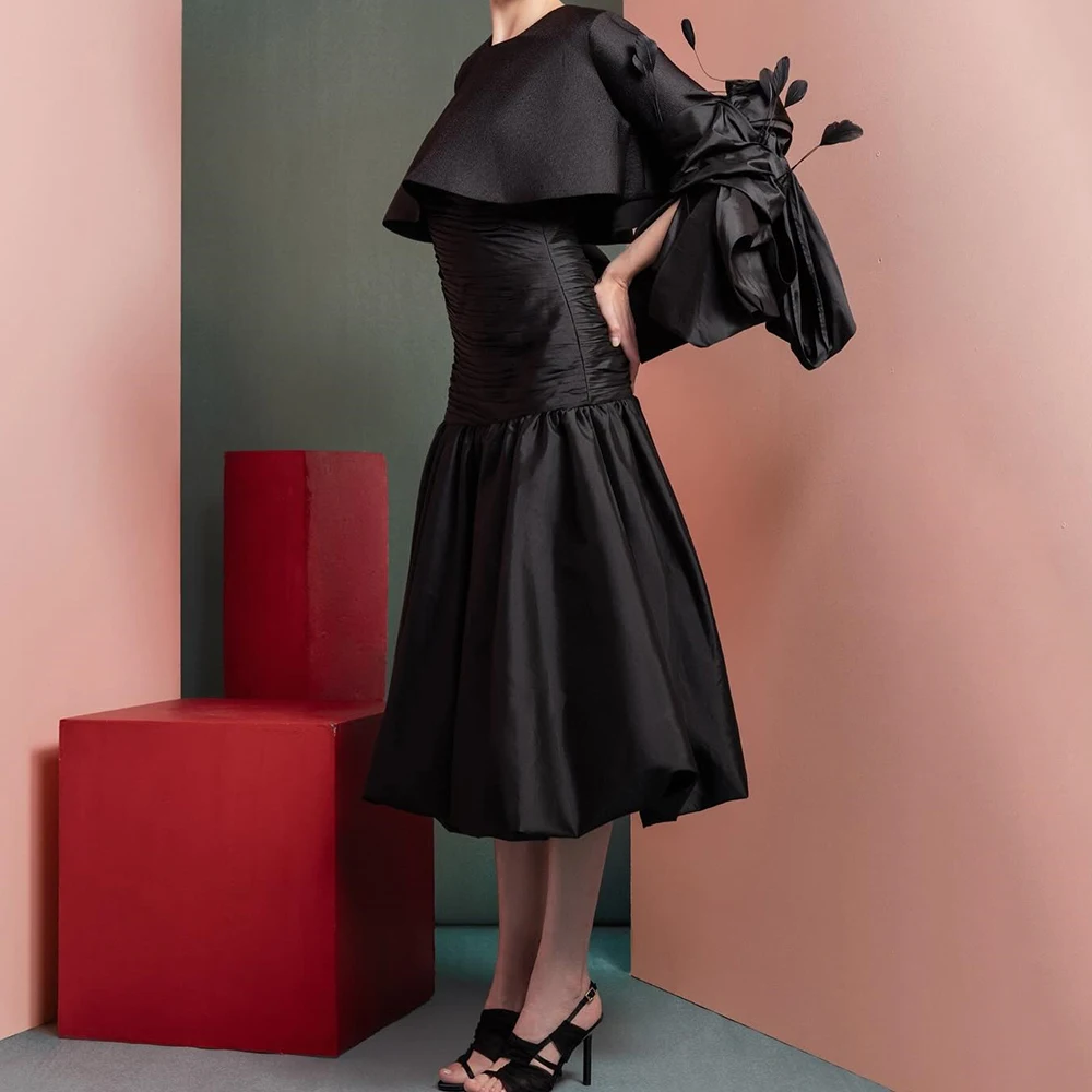 فستان سهرة أنيق مخصص برقبة دائرية وأكمام طويلة من الجيرسيه فستان سهرة حديث على شكل حرف a بطول الشاي للحفلات فيستدو دي نوش