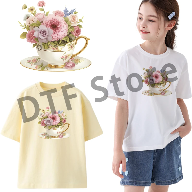 Watercolor Retro Victoria Flower Tea Cup dtf transfers ready to press Heat Transfer On Children's clothing iron on heat transfer