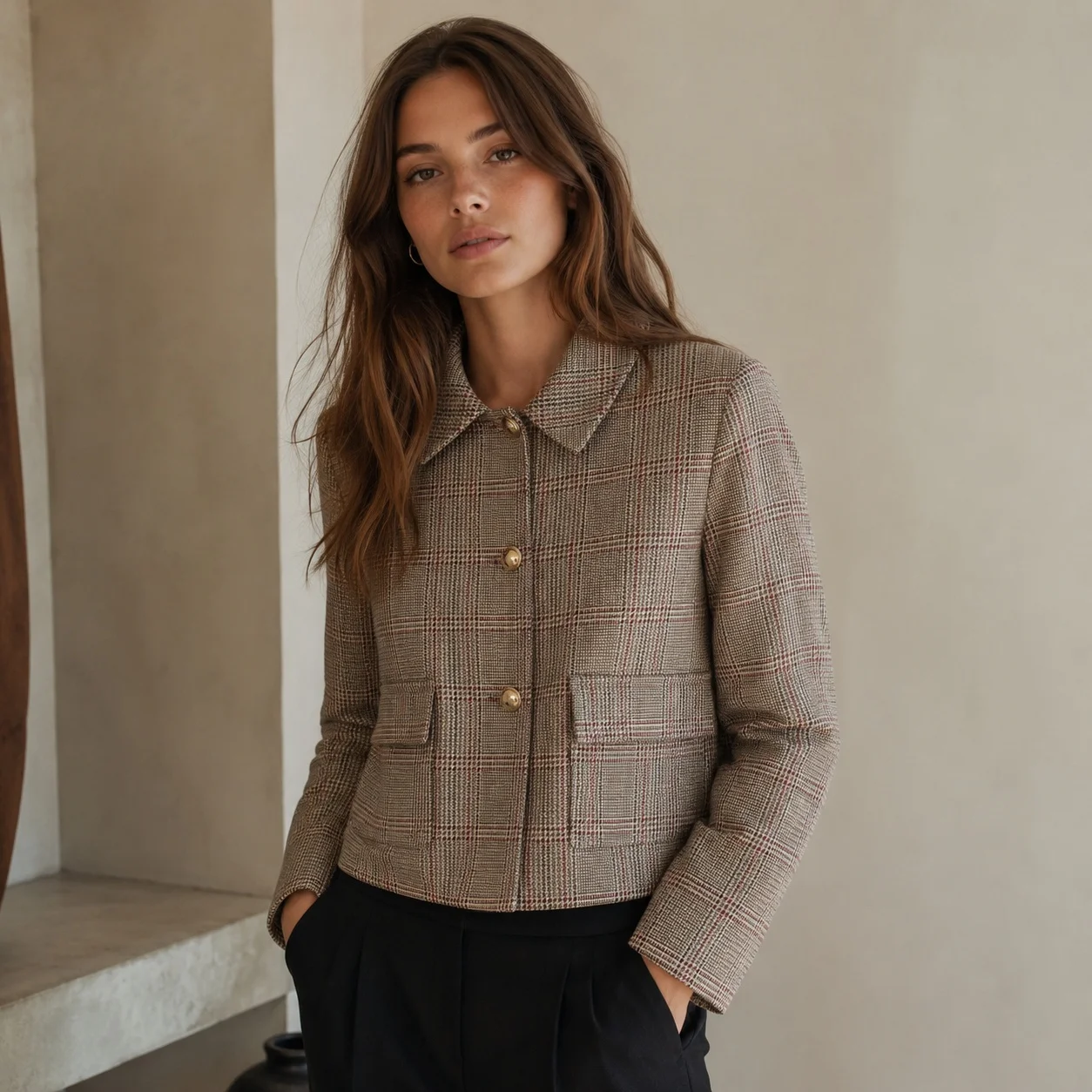 Damen-Blazerjacke mit Karomuster und Reverskragen, einreihig, mit Pattentaschen, für Bürodamen, Frühling und Herbst
