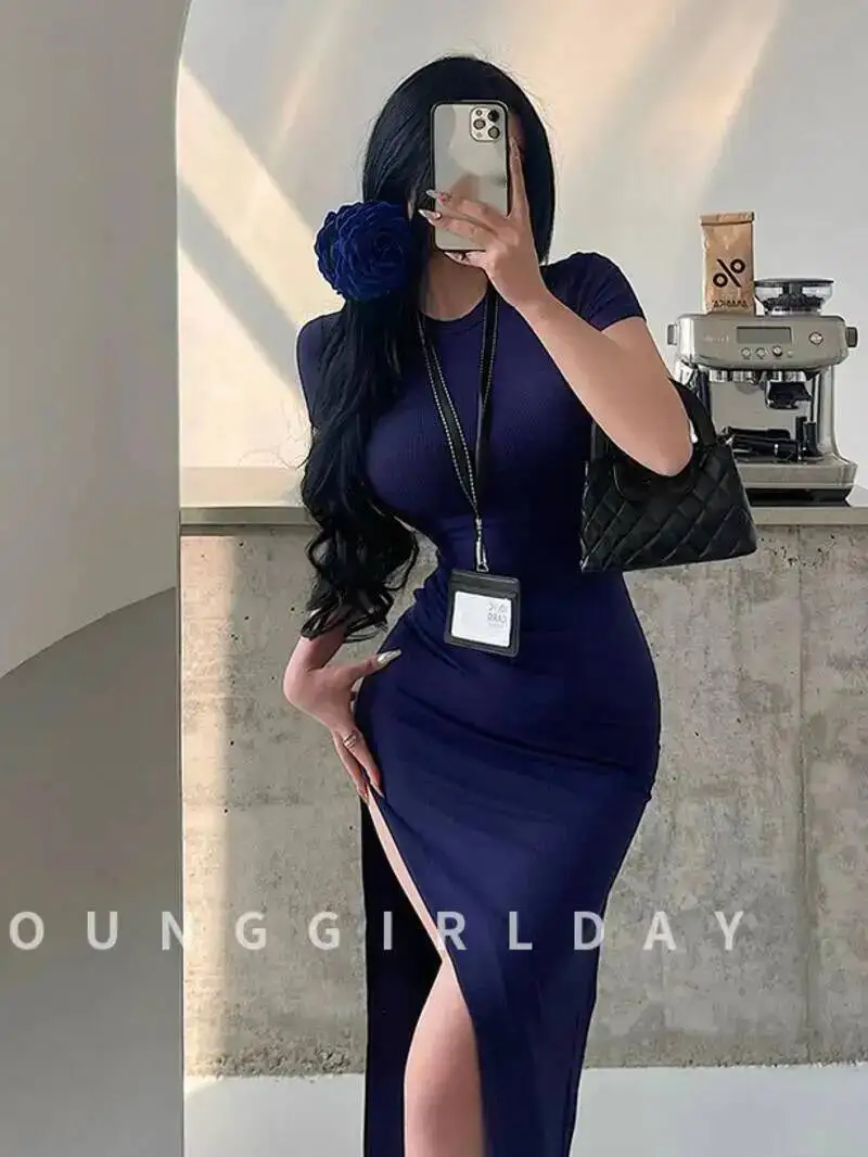 Basic Nauwsluitende Slanke Korte Mouwen Taille Cinching Slit Mid Lengte Hip Knuffelen Jurk T-shirt Zoete Koreaanse Vrouwen Tops G8F8