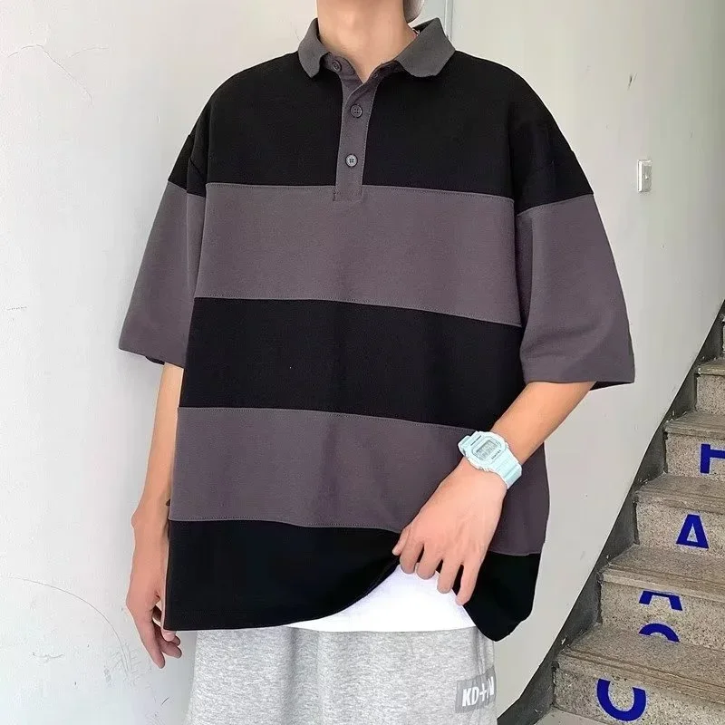 Japanese Retro Striped Polo Shirt For Men Summer Casual Short Sleeve Colorblock Polo T-shirt Golf Wear Lapel Shirts Clothes