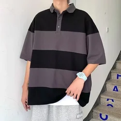 Camisa polo japonesa listrada retrô masculina, manga curta casual, camiseta polo colorida, roupa de golfe, camisas de lapela, roupas de verão