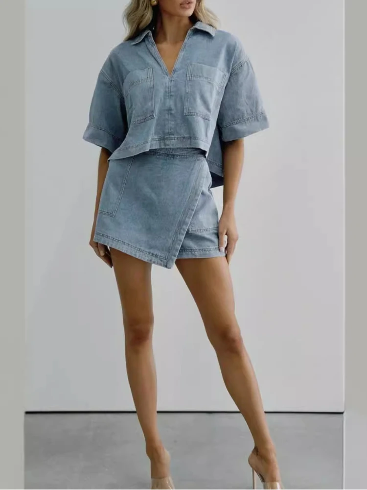 Fashion Blue Denim Skirt Suit Loose 2 Piece Set Short Sleeve with Pocket Shirtand Irregular Skirt Female Street Out 2024 Summer