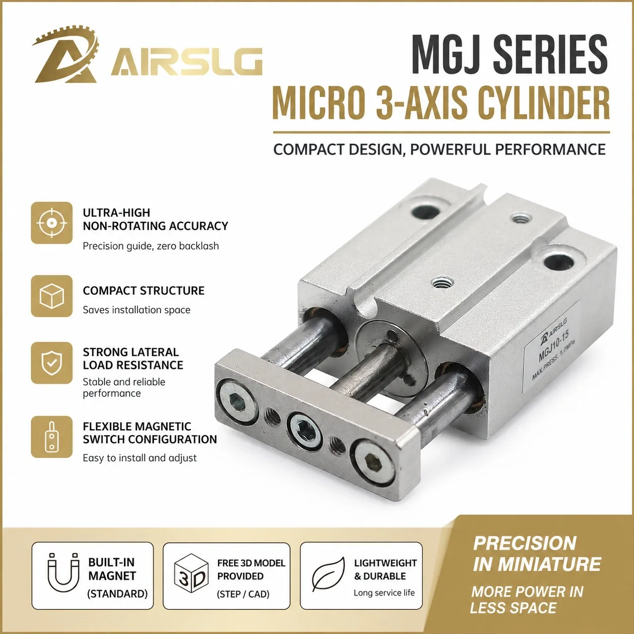 MGJ Series 3 Axis Pneumatic Cylinder MGJ6 MGJ10 Miniature Double Guide Rod Air Cylinder with Magnetic for Robot MGJ6-10 MGJ10-20