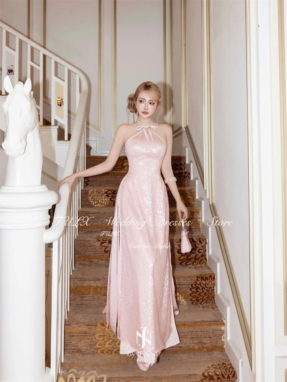 TULX 高級ピンクキラキラレースイブニングドレスホルターネックノースリーブパーティードレス A ラインロングフォーマルオケージョンドレスカスタマイズ 2026