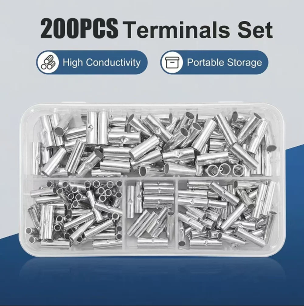 200PCS Non-Insulated Butt Wire Connector Ferrules Electrical Cable Terminal Tinned Crimp Terminal 0.5-6mm2 22-10AWG