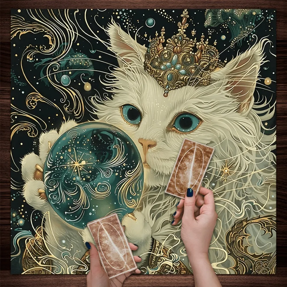 Blue Crystal Ball Gold Crown Cat Tarot Altar Cloth Multiple Sizes HD Sublimation Print Wicca Pagan 100 Polyester Machine Wash