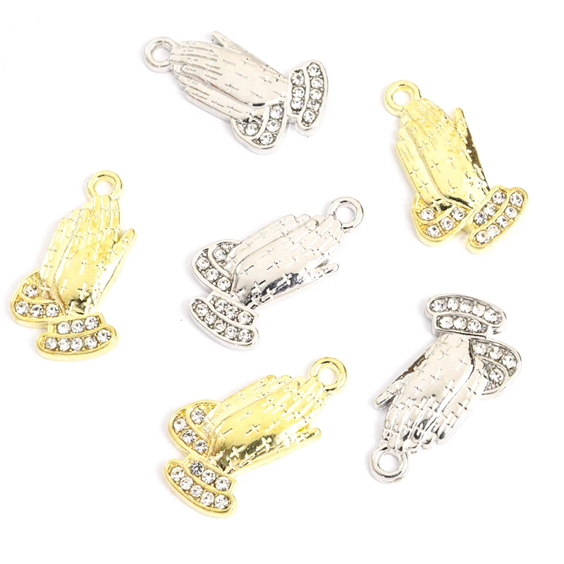 10pcs Crystals Praying Hands Charms Gold Silver Color Namaste Alloy Pendant DIY Necklace Bracelet Handmade Religious Accessories