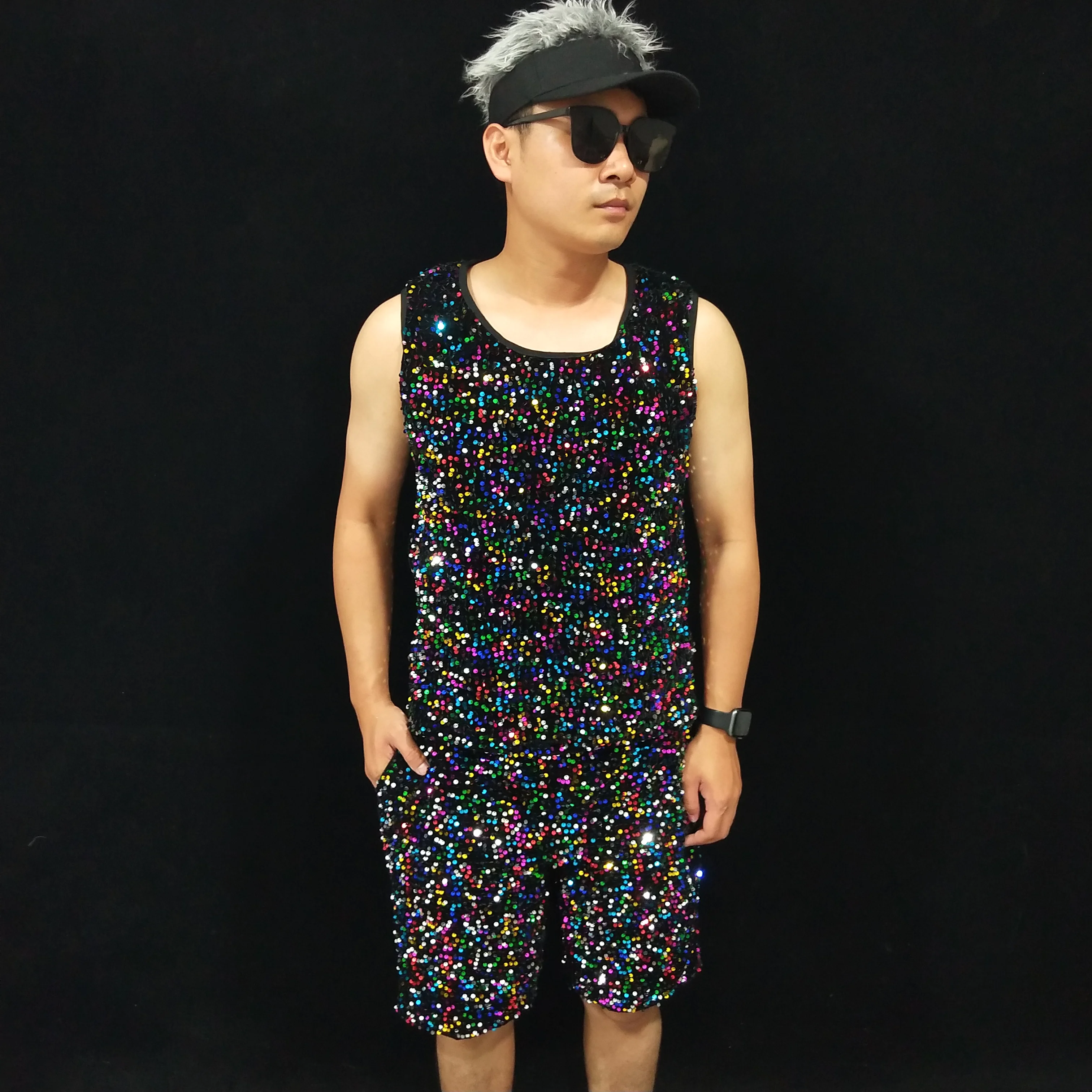 Bunte Casual Shorts Tops Laser Spiegel Pailletten Elastische Taille Sets Karneval Party Nachtclub Sänger Bühne Leistung Dance Tragen