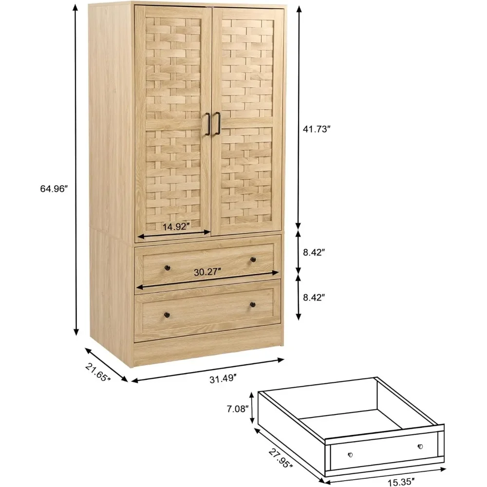 Armoire Wardrobe Closet With 2 Woven Doors Wardrobe Cabinet With 2 Storage Drawers and Hanging Rail Bedroom Furniture Wardrobes