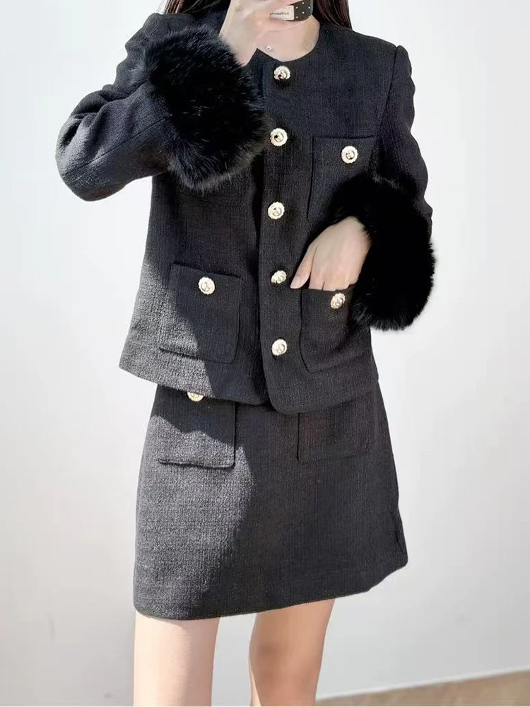 

2025 Fall Winter New Fashion Black Tweed Jacket Women Temperament Single-breasted O-neck Coat or Mini Skirt Ladies