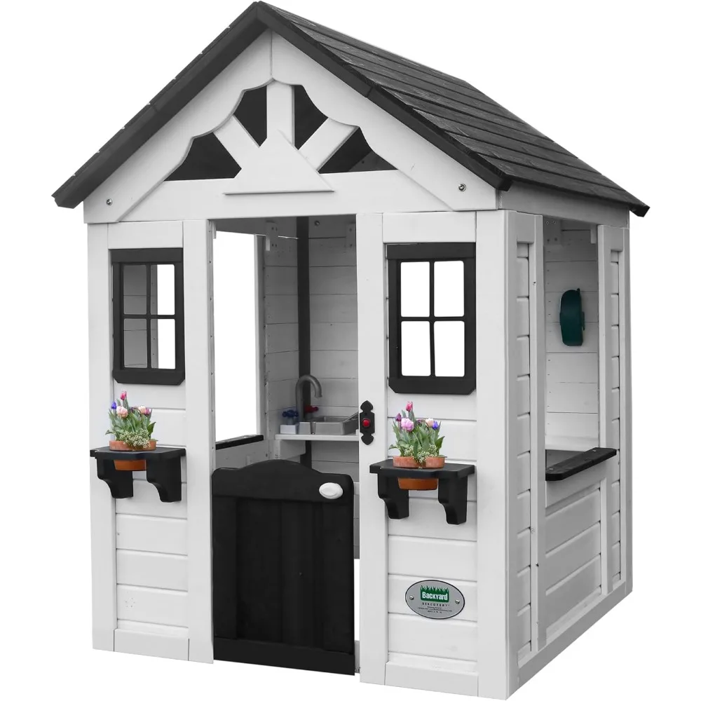 

Cedar Playhouse, Cottage, Sink, Stove, Windows, Kitchen with Pot and Pans and Utensils, Flowerpot Holders, Working Doorbell