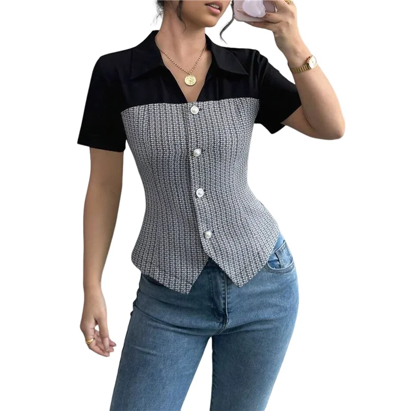 FX-Women's Pleated Button-Down Shirt V-Neck Short Sleeve Cropped Work Shirt