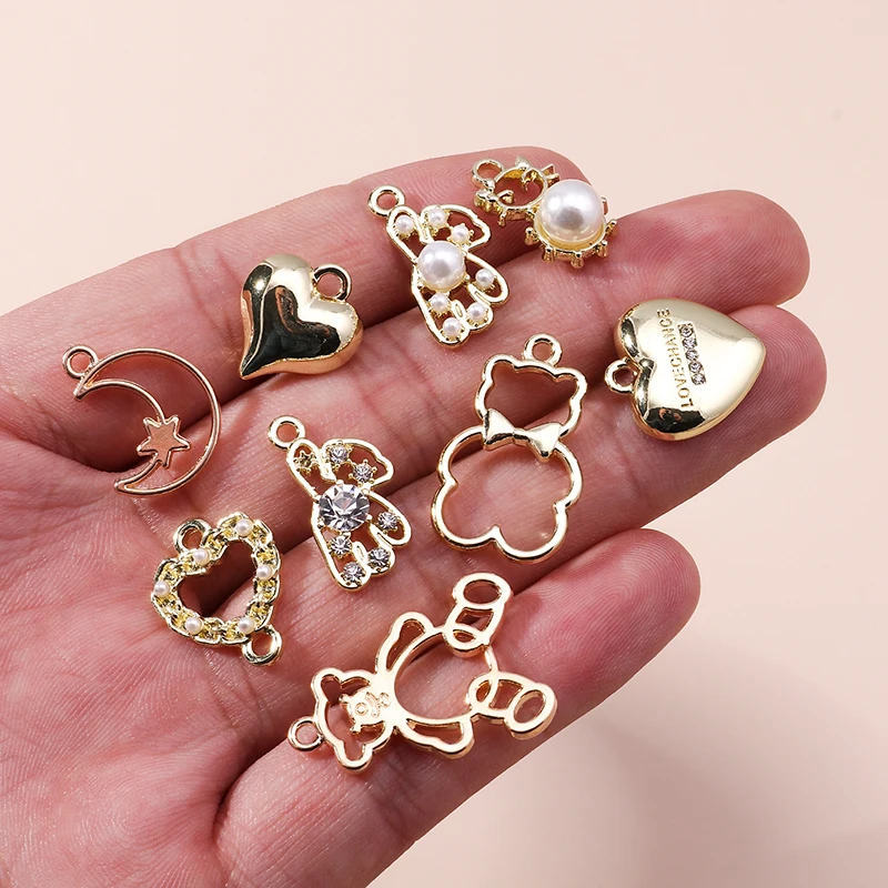 Mix 8pcs Gold Color Heart Moon Stars Bear Crystal Pearl Charms for DIY Jewelry Making Accessories Pendants of Necklace Earrings