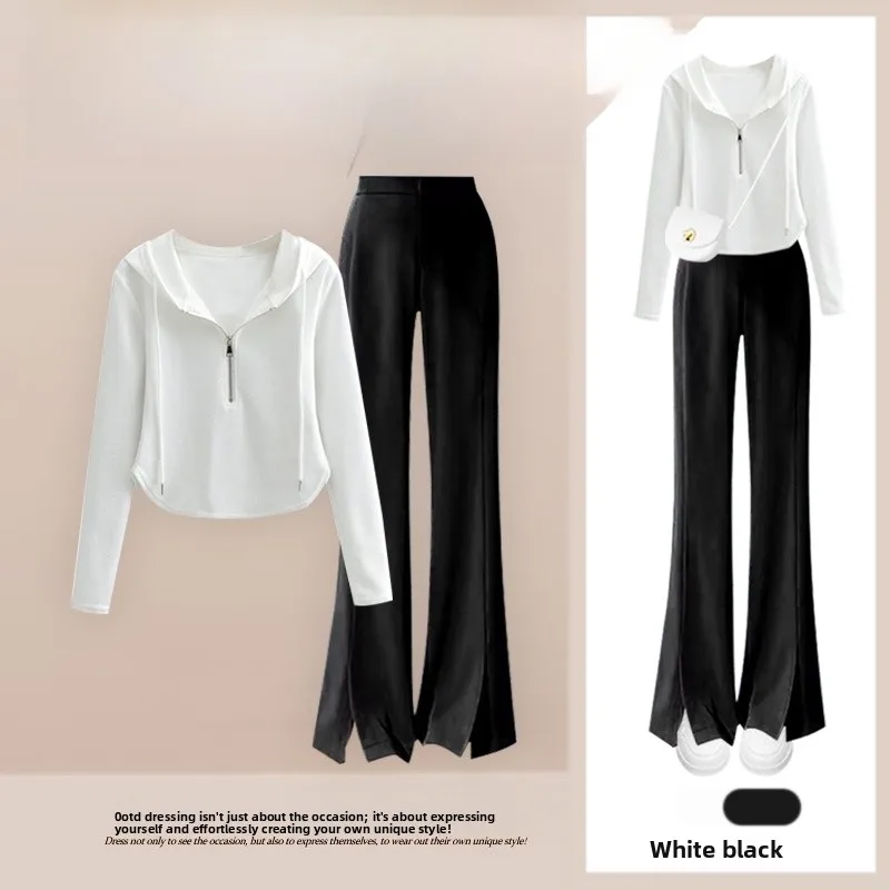 

White Zipper Hooded Long Sleeve Women's T-Shirt And Straight Leg High Waist Slit Micro Flared Pants Set Summer New Arrival
