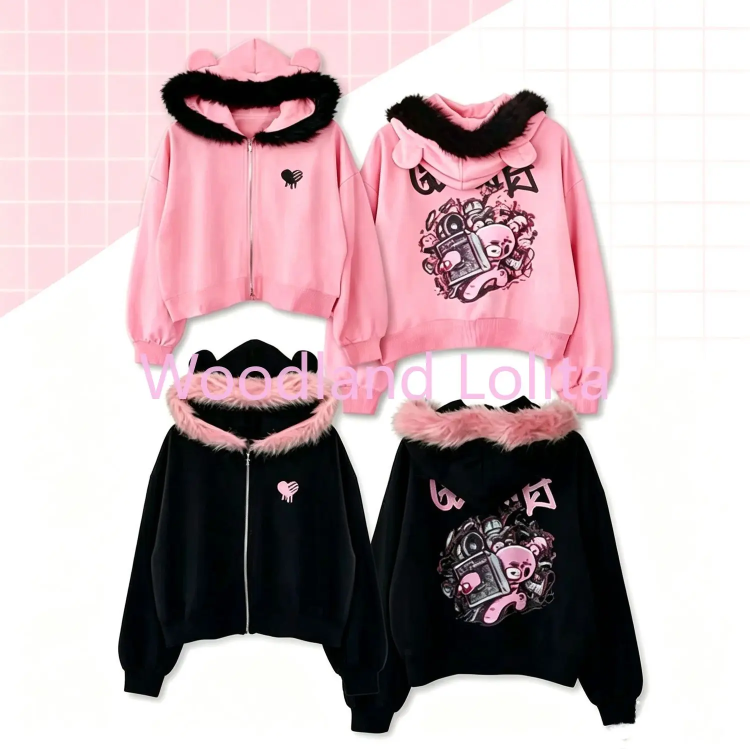Spring Autumn American Vintage Y2K Hooded Coat Women Fur Collar Cartoon Bear Print Loose Coat Subculture Jirai Kei Harajuku Coat