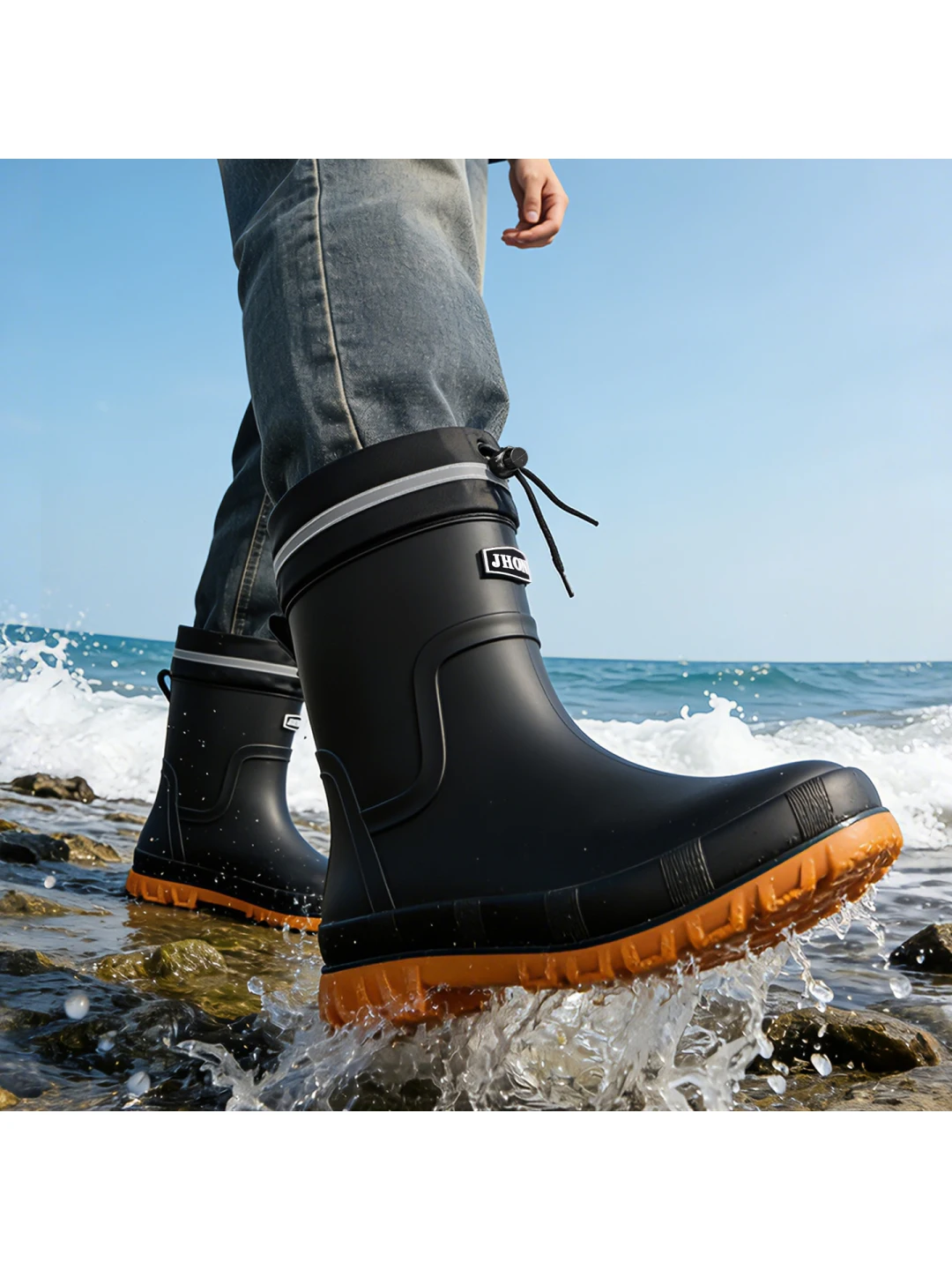 Outdoor Thickened Rubber Boots Black Bull Tendon Bottom Fashionable Waterproof Night Reflective Strip Handmade Knot Windproof