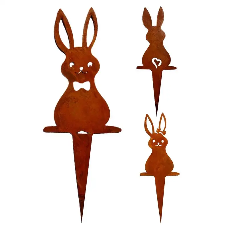 Easter Rabbit Garden Stake 3X Rusty Bunny Garden Statues Insert Iron Animal Ground Inserts Outdoor Animal Stake For Lawn