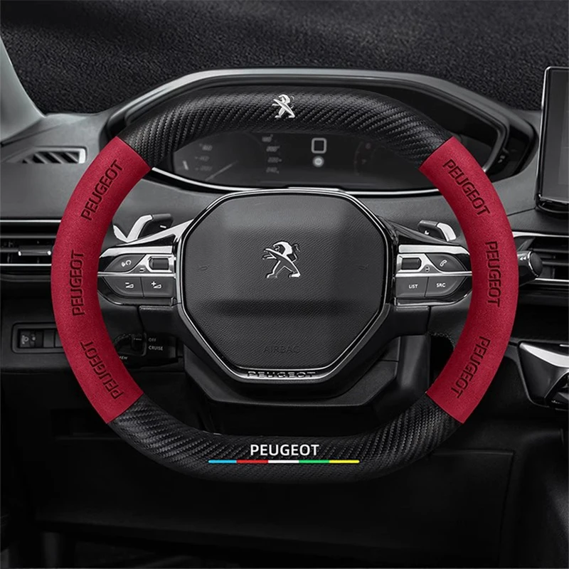 Car Interior Leather Carbon Fiber Steering Wheel Cover Non-slip For Peugeot 408 4008 308 3008 Rifter 5008 508 2008 208 301 RCZ
