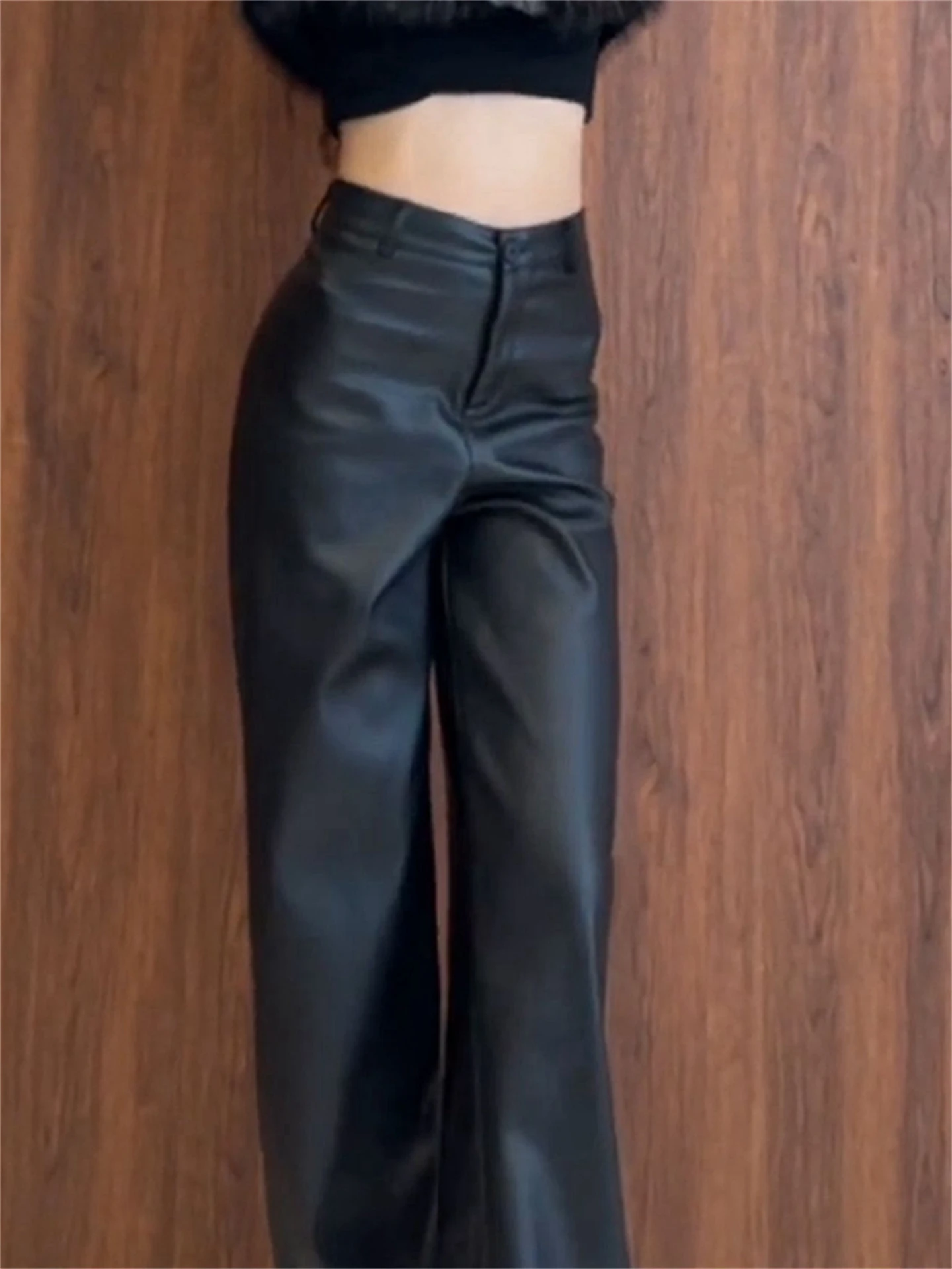 بنطلون نسائي أسود كاجوال من الجلد الصناعي، واسع الساق وطويل يصل للأرض، تصميم جديد للخريف والشتاء، أنيق ونحيف #3