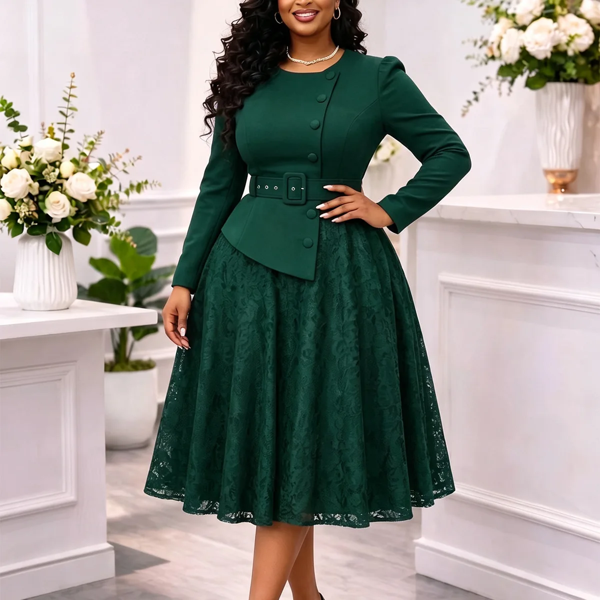 Classy Pink Mid Dress for Women Puff Sleeve A-Line Belted Waist Buttoned Top Floral Lace Overlay Dresses Brunch Church