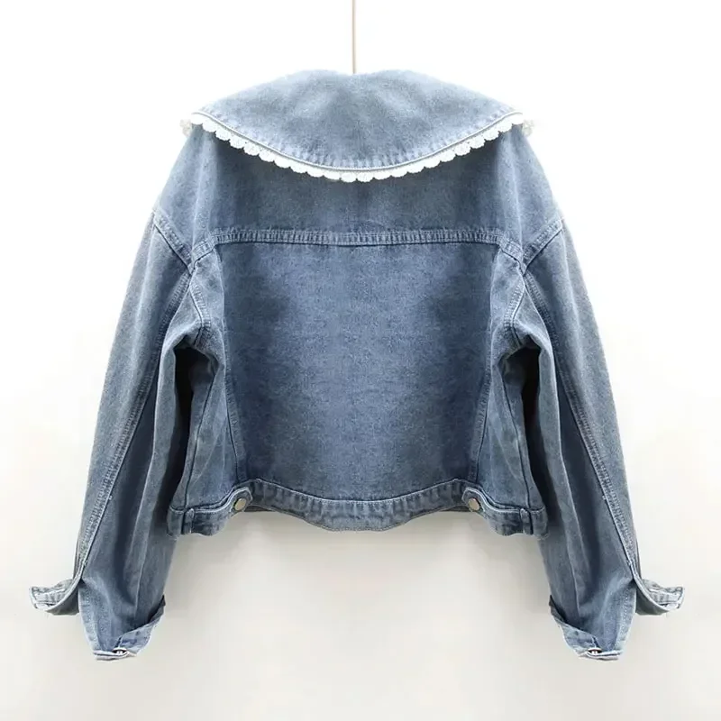 Fashion Lace Trim Patchwork Short Denim Jackets Women 2024 Loose Peter Pan Collar Kawaii Blue Jeans Coats Manteau Chaqueta