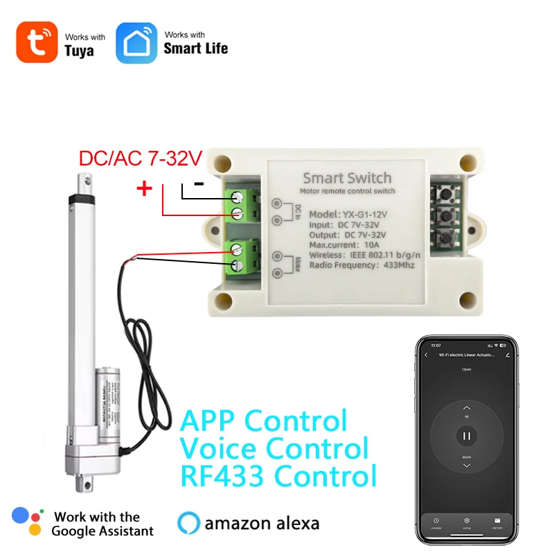 Tuya Smart Life Wifi Electric Linear Actuator Motor Controller,DC12V 24V 32V,RF433 Remote,works with Alexa and Google home